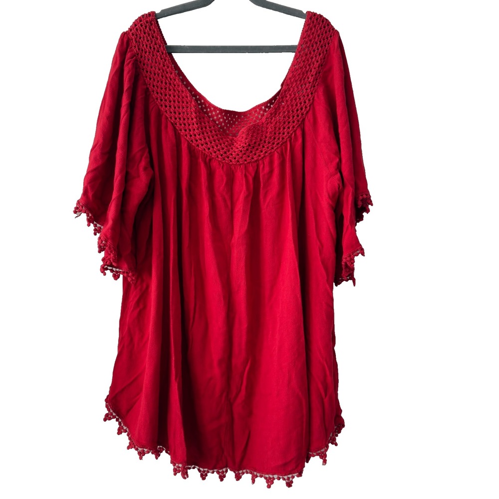 Umgee Size Large Red Crochet Pom Pom Trim Flowy Boho Relaxed Tunic Top Women's